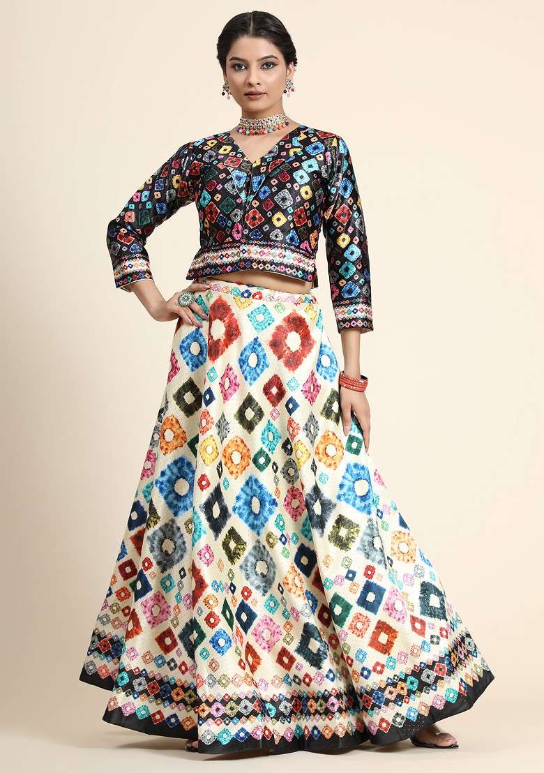 Black Blend Satin Silk Lehenga Set with Printed for Diwali | Wedding & Festive Wear - Indya
