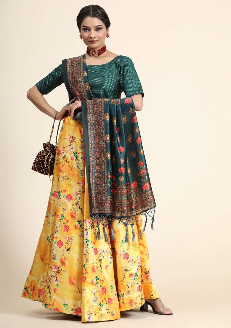 Green Printed Silk Blend Satin Lehenga Set for Diwali and Festive Wear - Indya