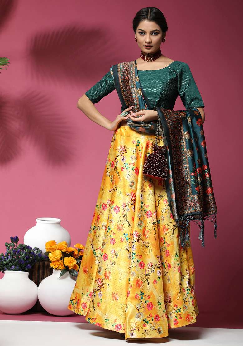 Green Printed Silk Blend Satin Lehenga Set for Diwali and Festive Wear - Indya