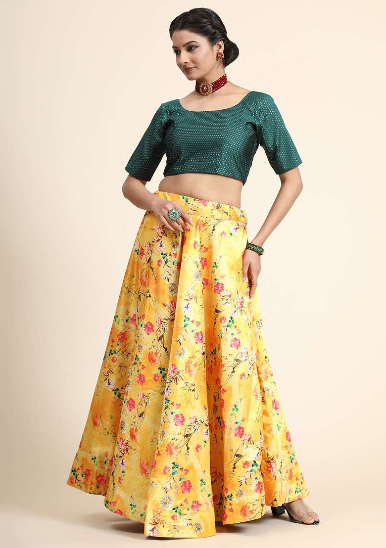 Green Printed Silk Blend Satin Lehenga Set for Diwali and Festive Wear - Indya