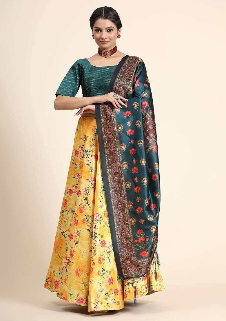 Green Printed Silk Blend Satin Lehenga Set for Diwali and Festive Wear - Indya