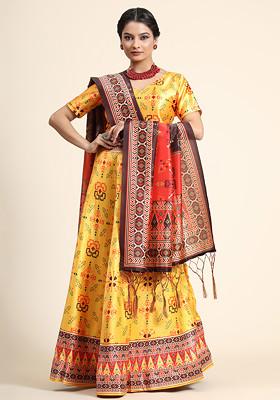 Yellow Printed Silk Satin Lehenga Set