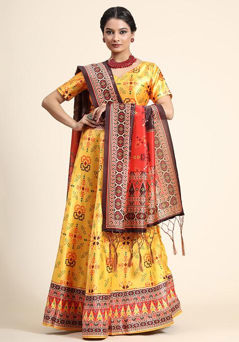 Yellow Printed Silk Satin Lehenga Set