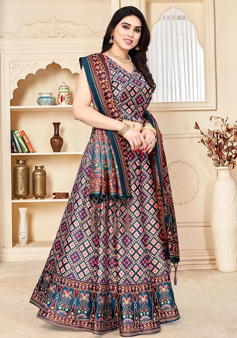 Blue Printed Silk Satin Lehenga Set