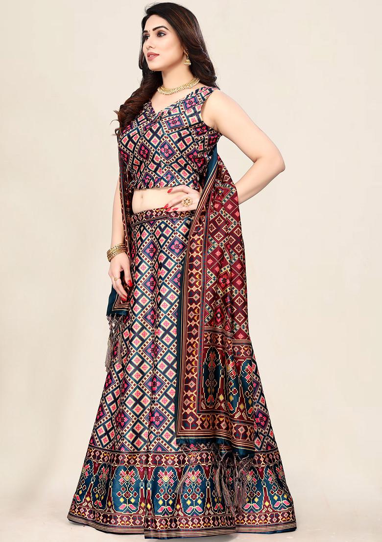 Blue Printed Silk Satin Lehenga Set