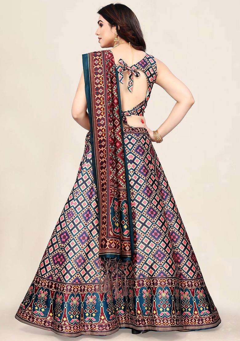 Blue Printed Silk Satin Lehenga Set