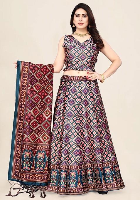 Blue Printed Silk Satin Lehenga Set