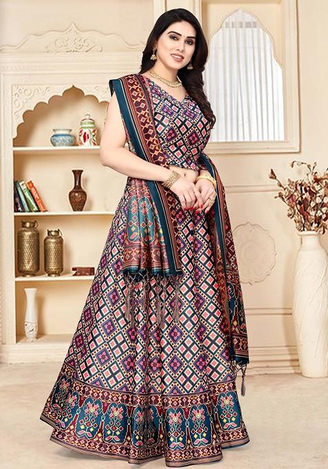 Blue Printed Silk Satin Lehenga Set