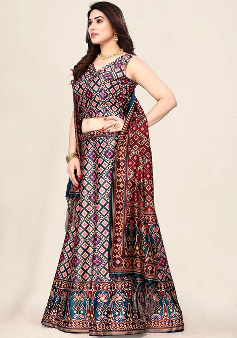 Blue Printed Silk Satin Lehenga Set