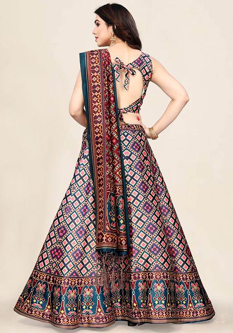 Blue Printed Silk Satin Lehenga Set