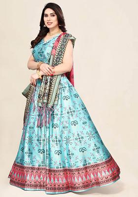 Sky Blue Digital Print Satin Silk Lehenga Set