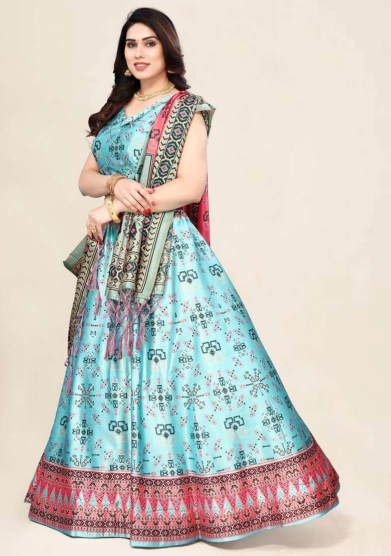 Sky Blue Blend Satin Silk Lehenga Set with Digital Print for Diwali | Wedding & Festive Wear - Indya