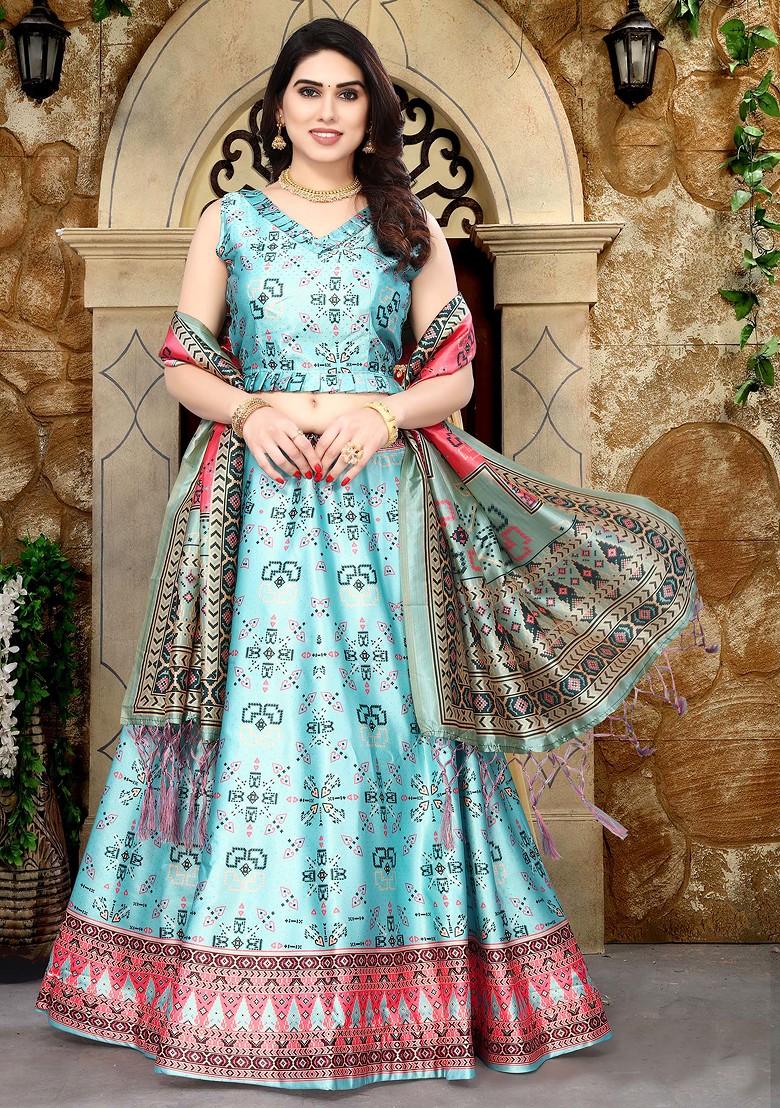 Sky Blue Digital Print Satin Silk Lehenga Set