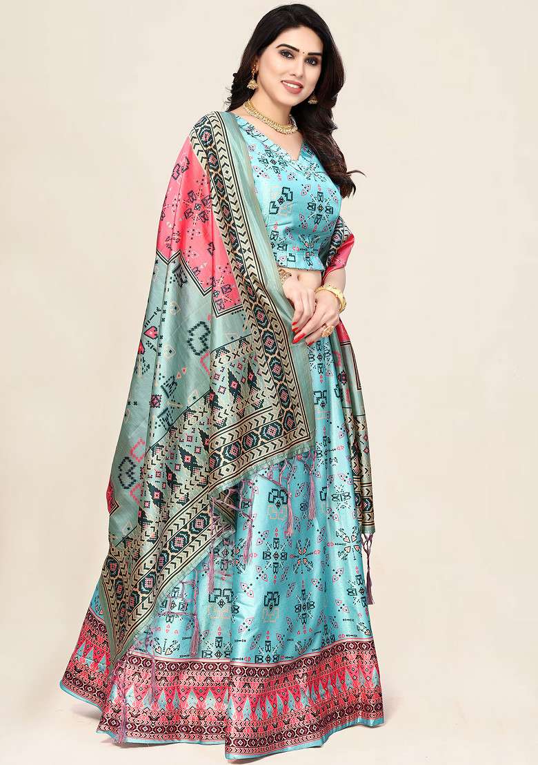 Sky Blue Blend Satin Silk Lehenga Set with Digital Print for Diwali | Wedding & Festive Wear - Indya