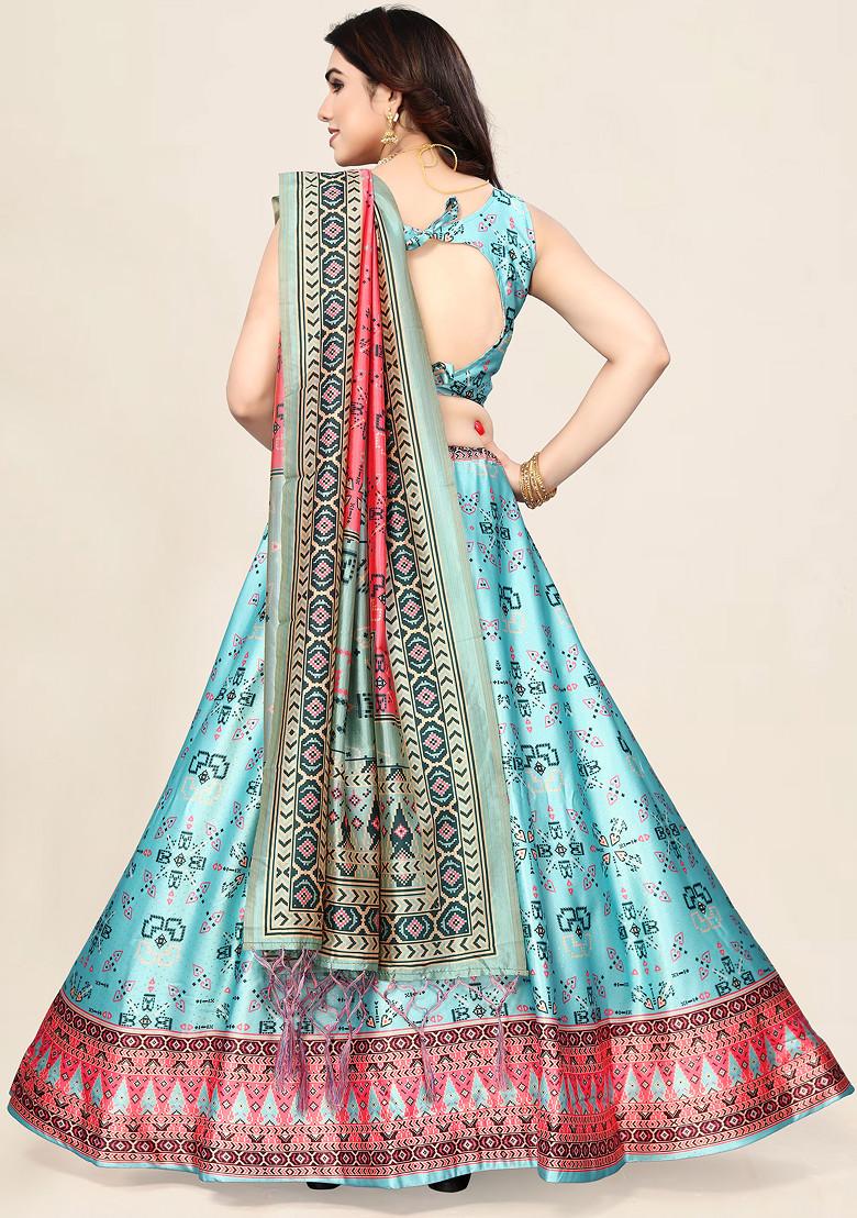 Sky Blue Digital Print Satin Silk Lehenga Set