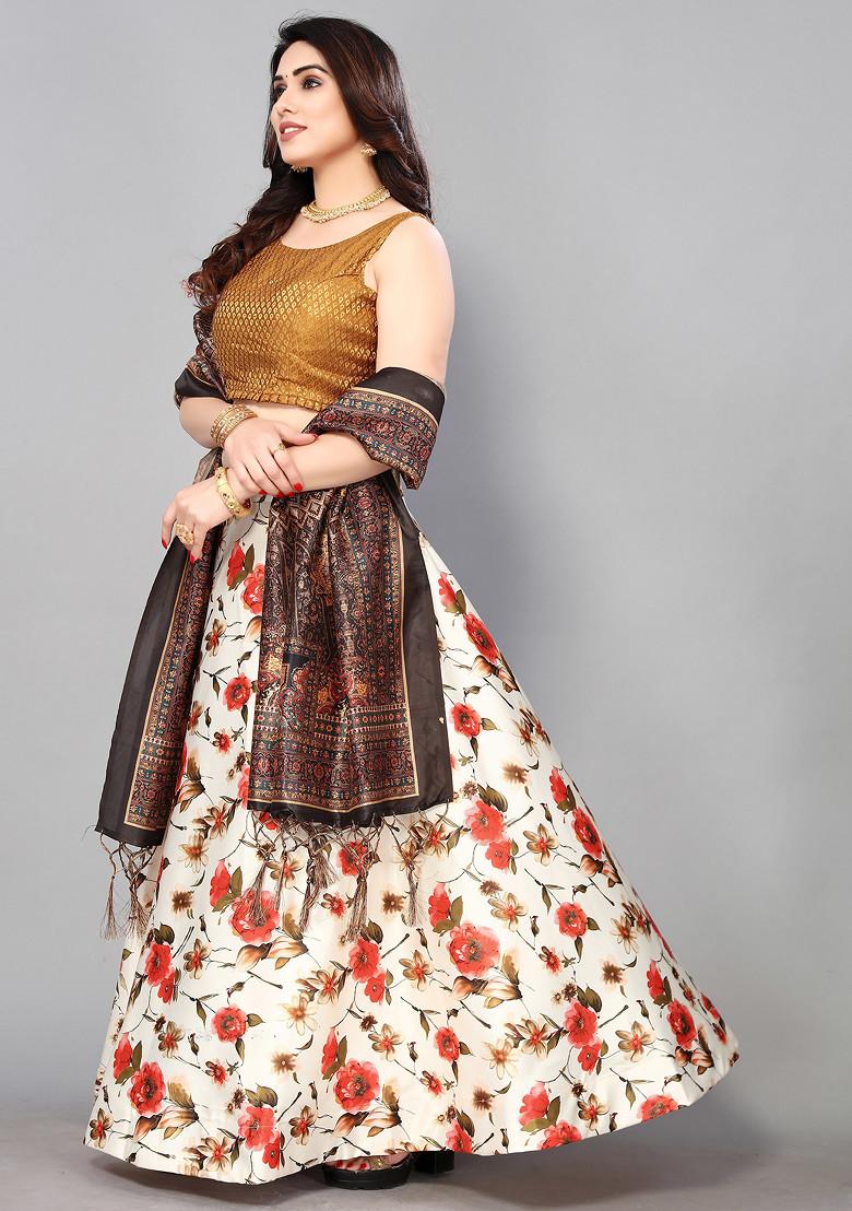 Mehendi Digital Print Satin Silk Lehenga Set