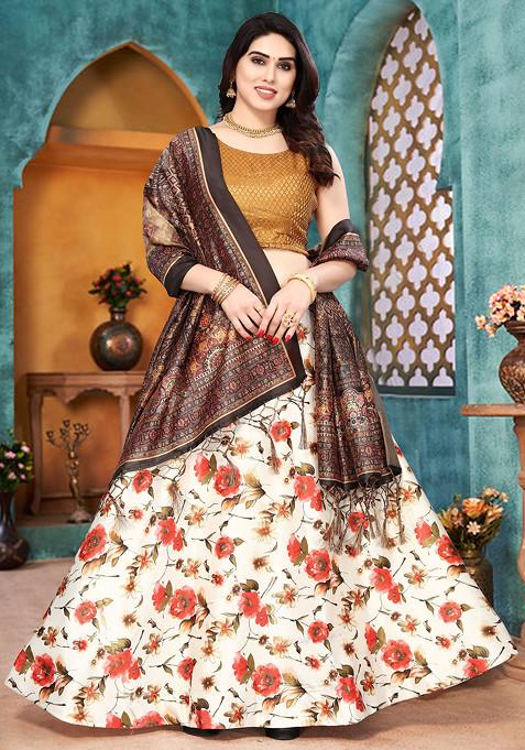 Mehendi Digital Print Satin Silk Lehenga Set
