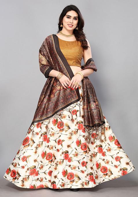 Mehendi Digital Print Satin Silk Lehenga Set