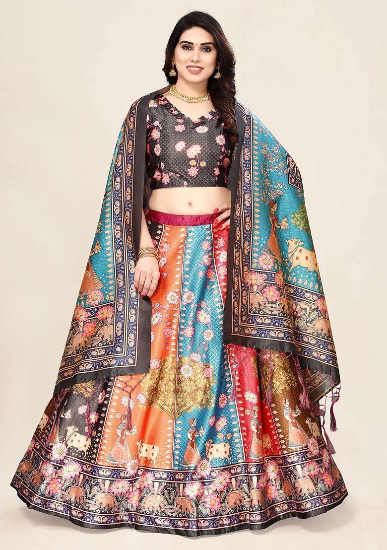 Grey Printed Satin Silk Blend Lehenga Set for Diwali and Festive Wear - Indya