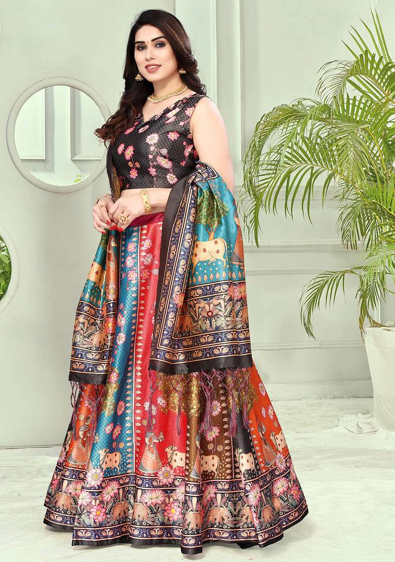 Grey Printed Satin Silk Blend Lehenga Set for Diwali and Festive Wear - Indya