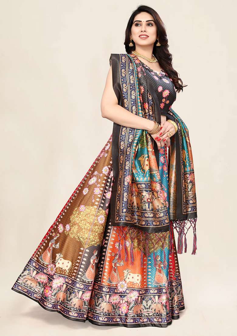 Grey Printed Satin Silk Blend Lehenga Set for Diwali and Festive Wear - Indya