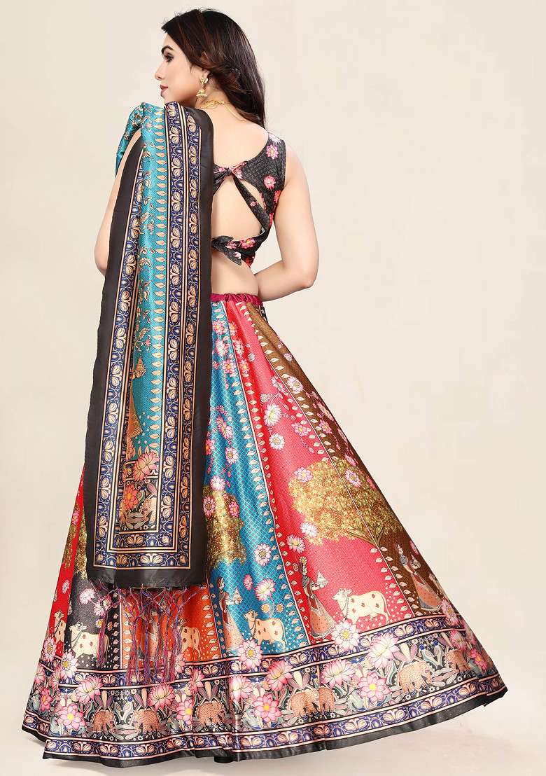 Grey Printed Satin Silk Blend Lehenga Set for Diwali and Festive Wear - Indya
