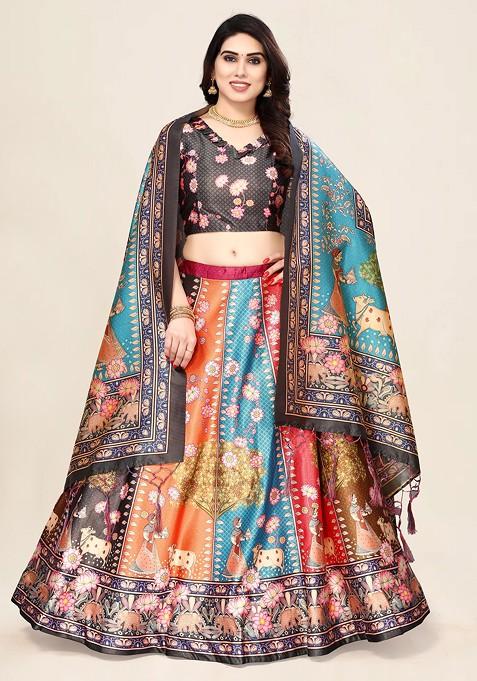 Grey Printed Satin Silk Lehenga Set