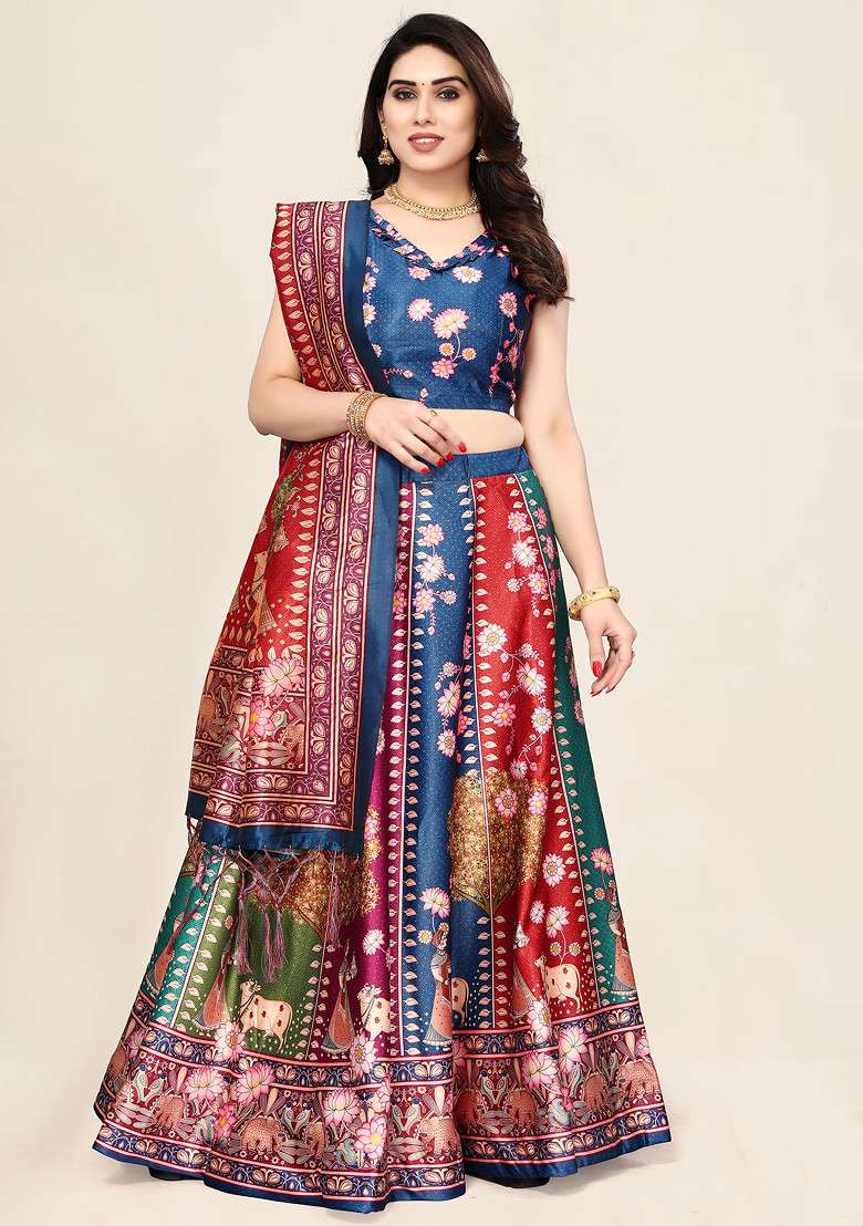 Blue Printed Silk Blend Lehenga Set for Diwali and Festive Wear - Indya