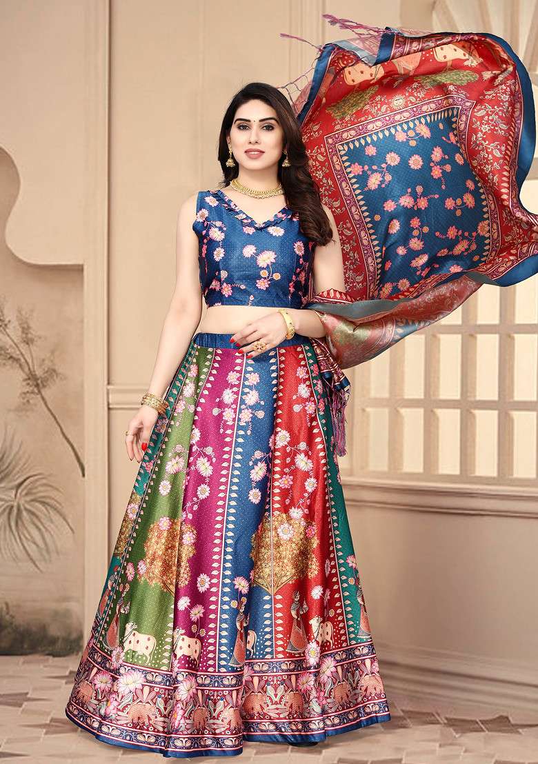 Blue Printed Silk Blend Lehenga Set for Diwali and Festive Wear - Indya