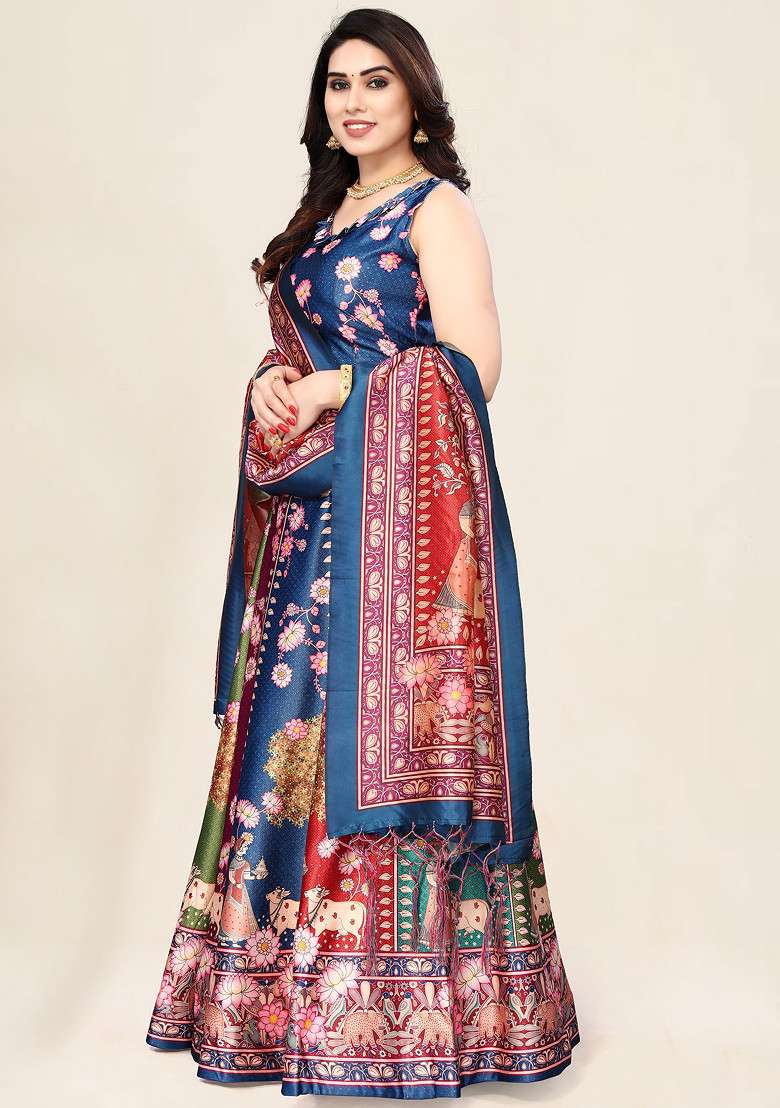 Blue Printed Silk Blend Lehenga Set for Diwali and Festive Wear - Indya
