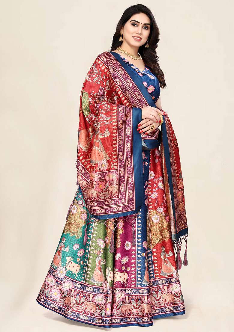 Blue Printed Silk Blend Lehenga Set for Diwali and Festive Wear - Indya