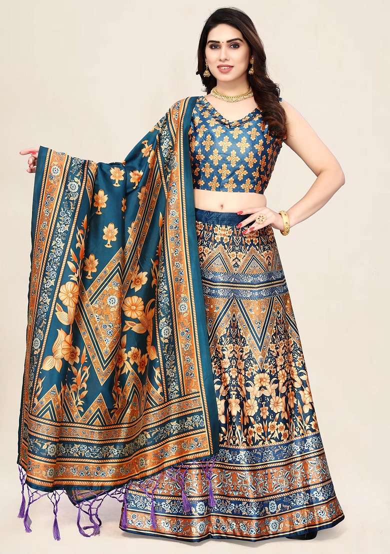 Teal Satin Silk Blend Lehenga Set with Printed for Diwali | Wedding & Festive Wear - Indya