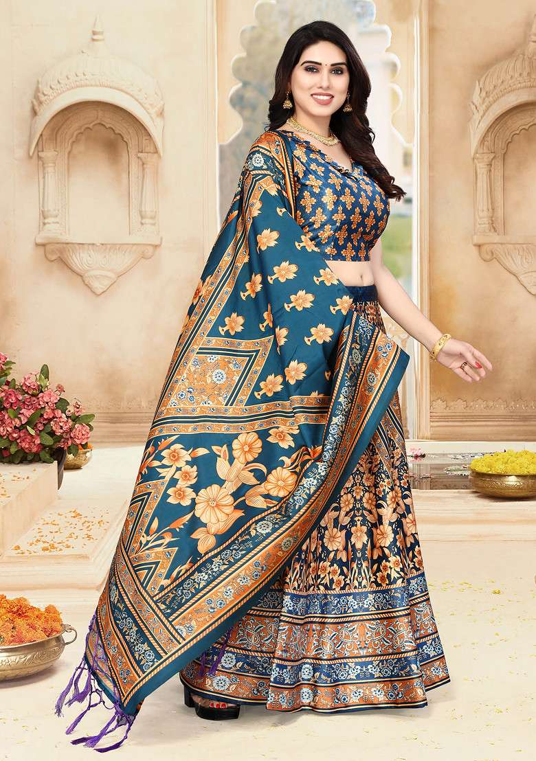 Teal Satin Silk Blend Lehenga Set with Printed for Diwali | Wedding & Festive Wear - Indya