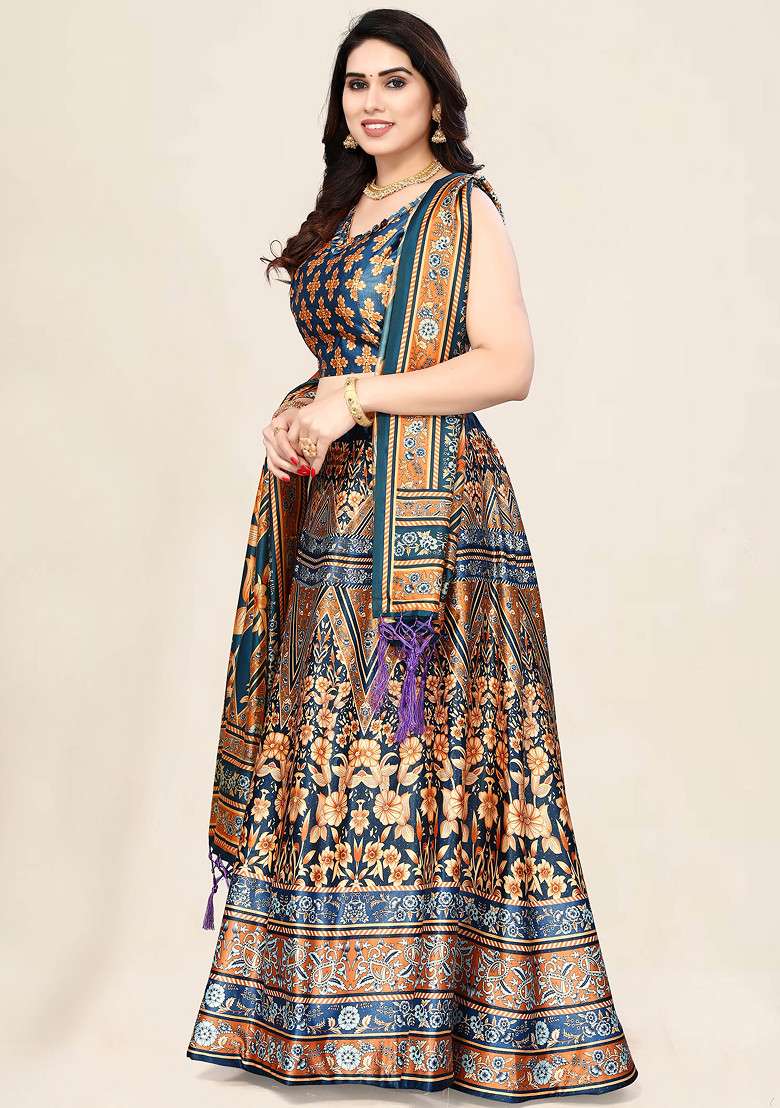Teal Satin Silk Blend Lehenga Set with Printed for Diwali | Wedding & Festive Wear - Indya