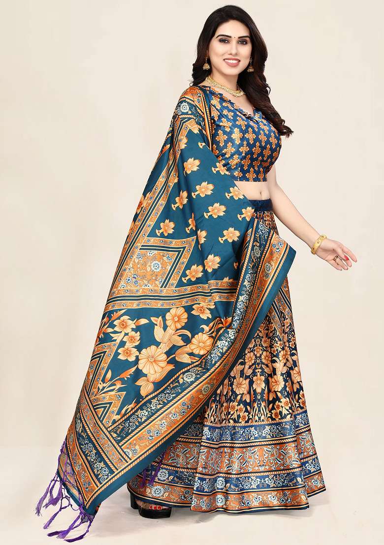 Teal Satin Silk Blend Lehenga Set with Printed for Diwali | Wedding & Festive Wear - Indya