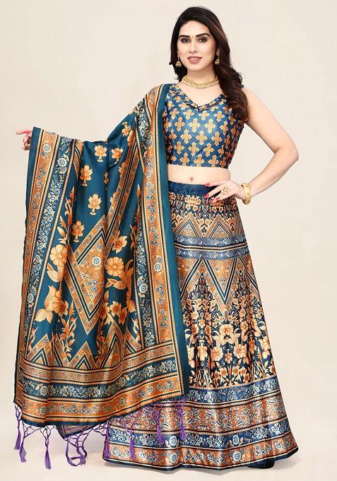 Teal Printed Silk Satin Lehenga Set