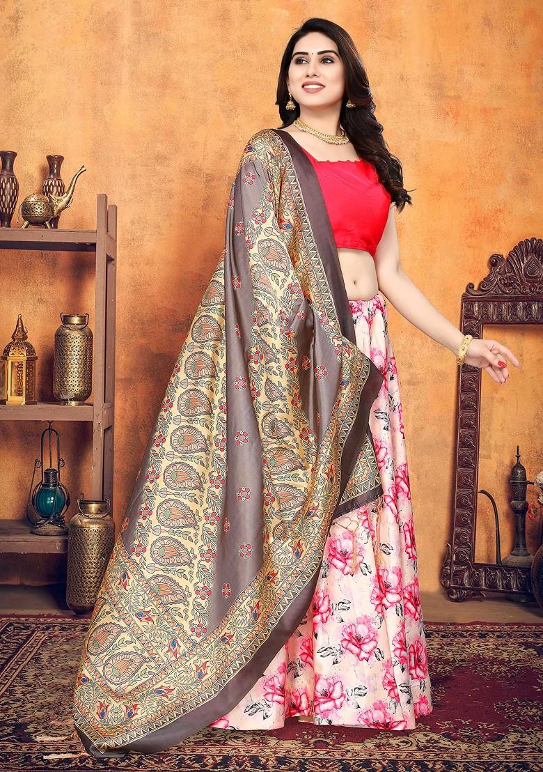Pink Printed Silk Lehenga Set
