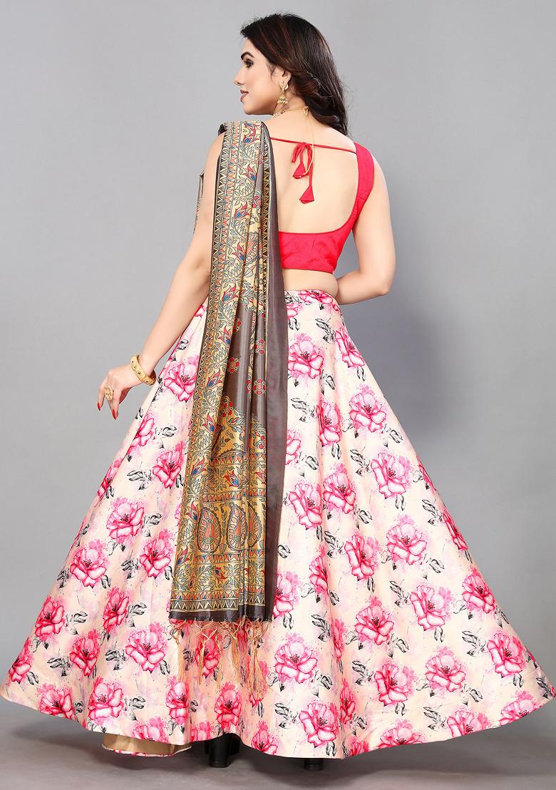 Pink Printed Silk Lehenga Set
