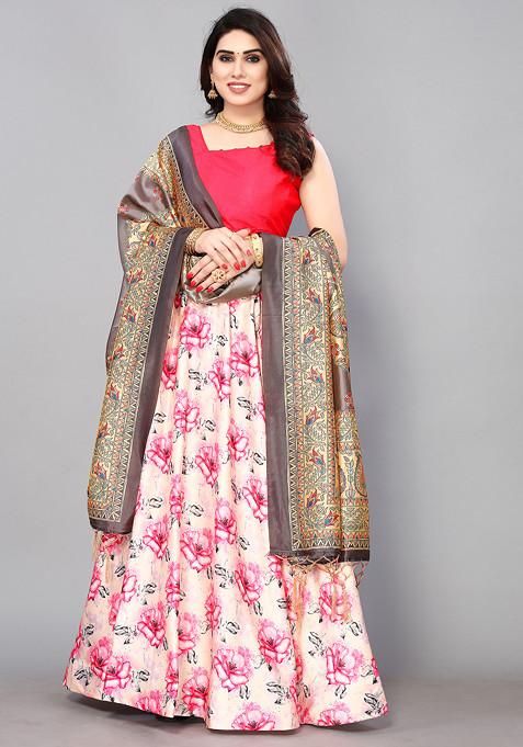 Pink Printed Silk Lehenga Set