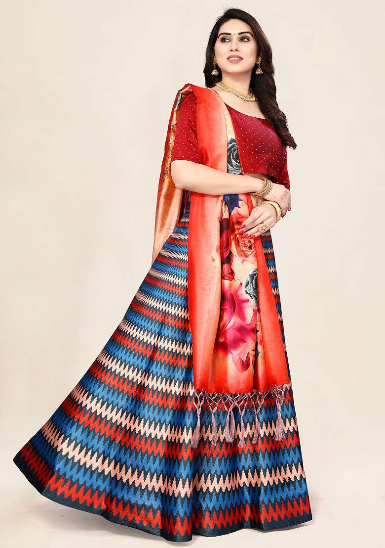 Maroon Printed Satin Silk Blend Lehenga Set for Diwali and Festive Wear - Indya