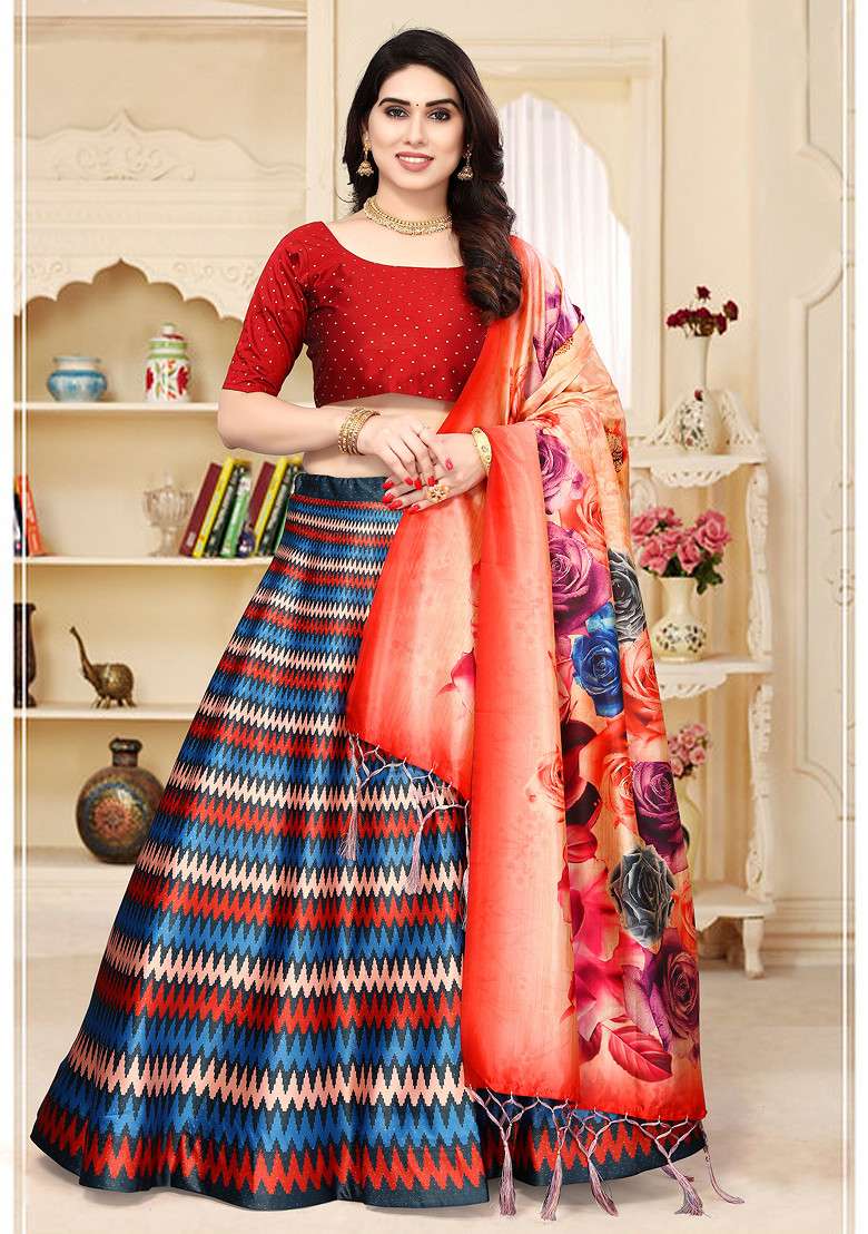 Maroon Printed Satin Silk Blend Lehenga Set for Diwali and Festive Wear - Indya
