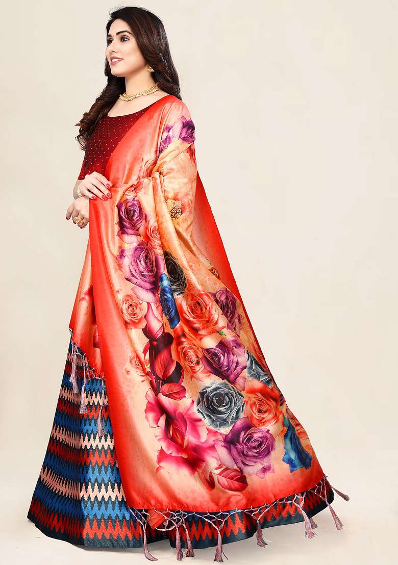 Maroon Printed Satin Silk Blend Lehenga Set for Diwali and Festive Wear - Indya