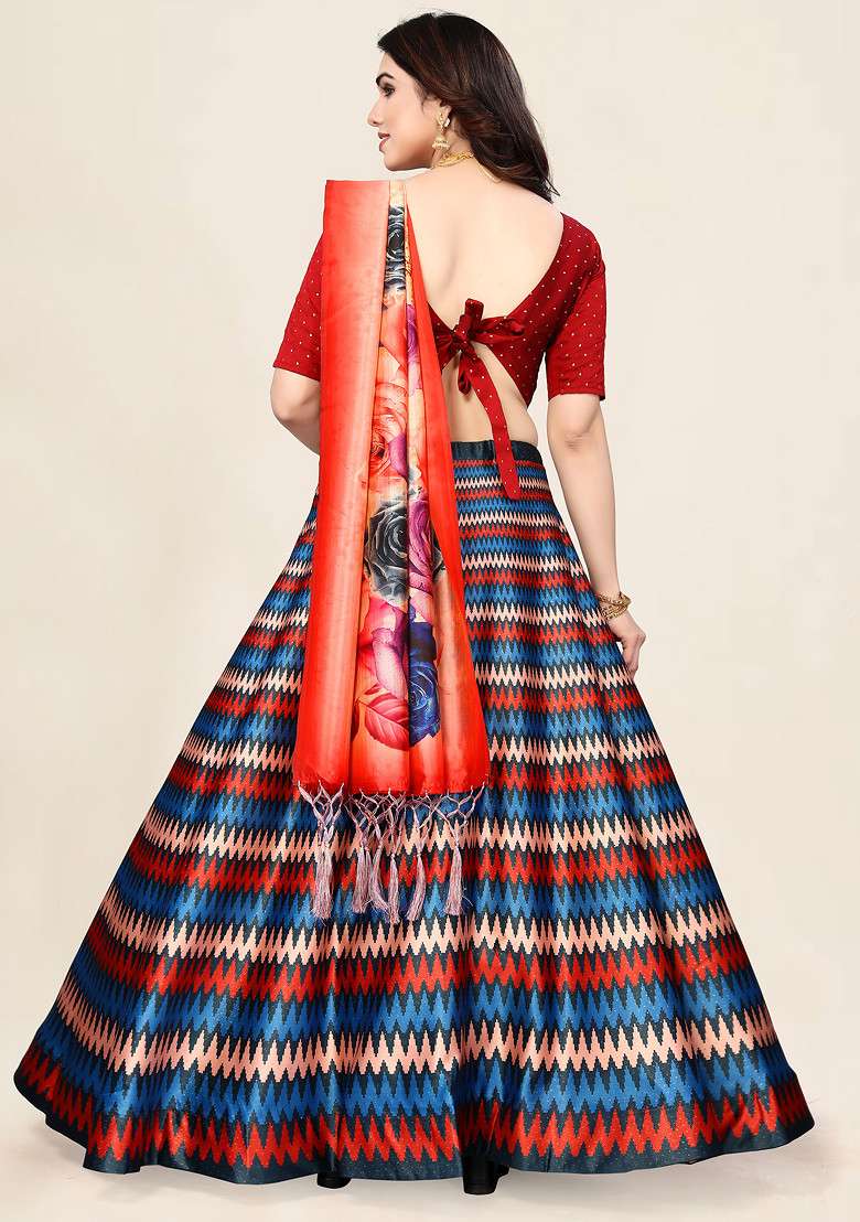 Maroon Printed Satin Silk Blend Lehenga Set for Diwali and Festive Wear - Indya