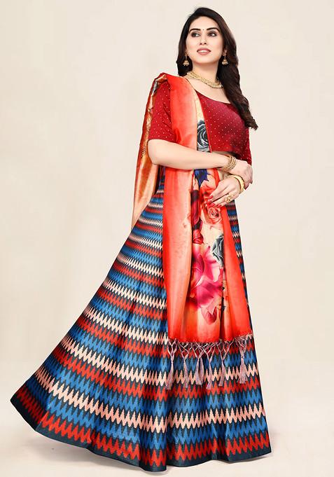 Maroon Printed Satin Silk Lehenga Set