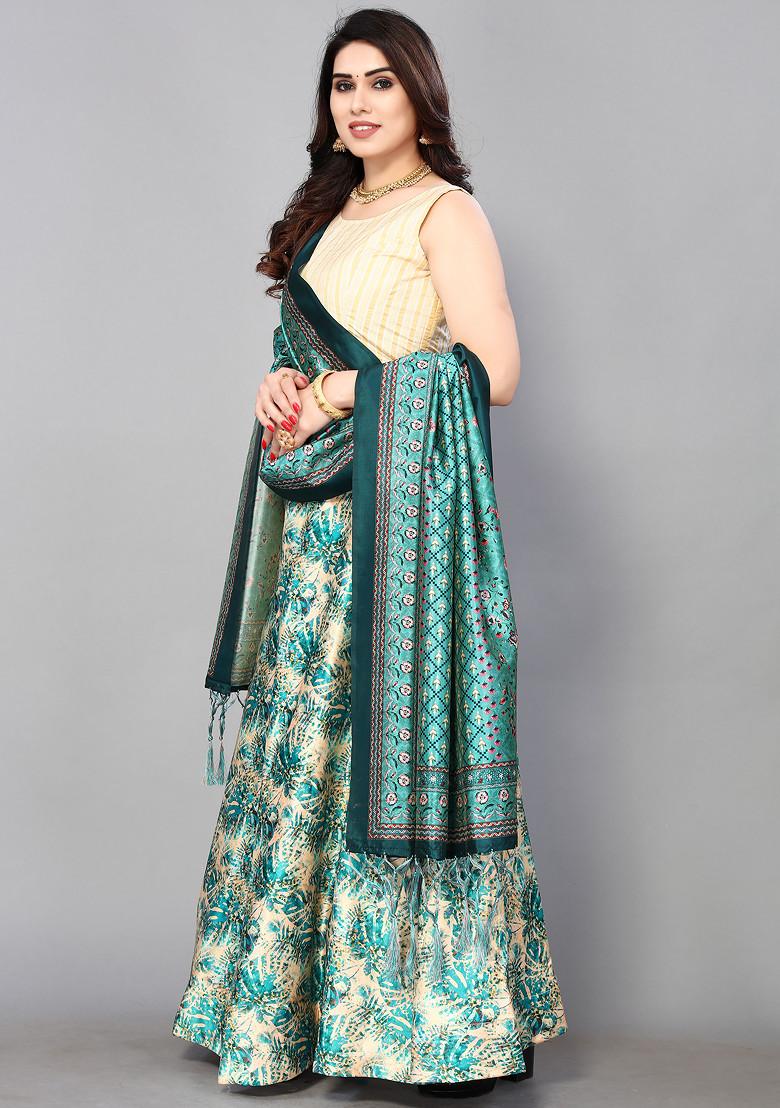 Cream Digital Print Satin Silk Lehenga Set
