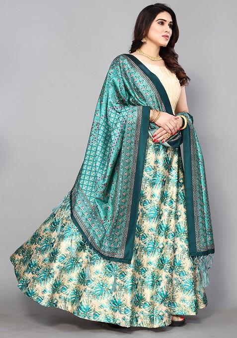 Cream Digital Print Satin Silk Lehenga Set