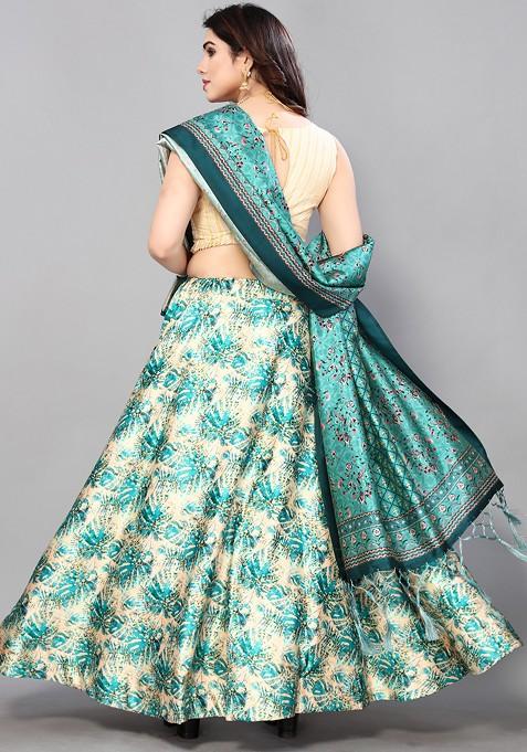 Cream Digital Print Satin Silk Lehenga Set