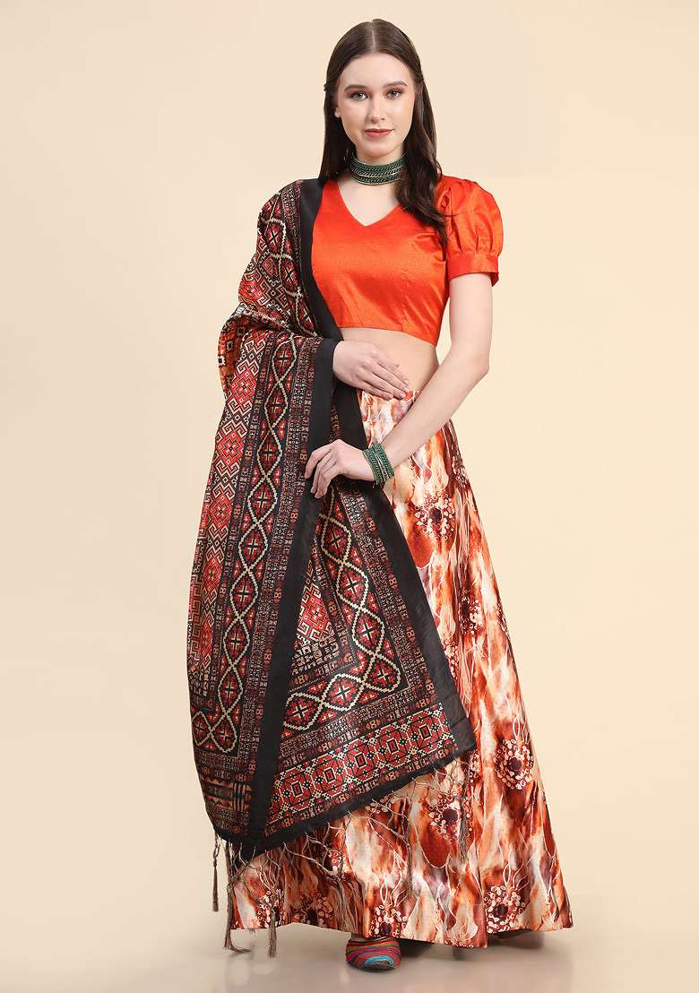 Orange Digital Print Silk Blend Satin Lehenga Set for Diwali and Festive Wear - Indya