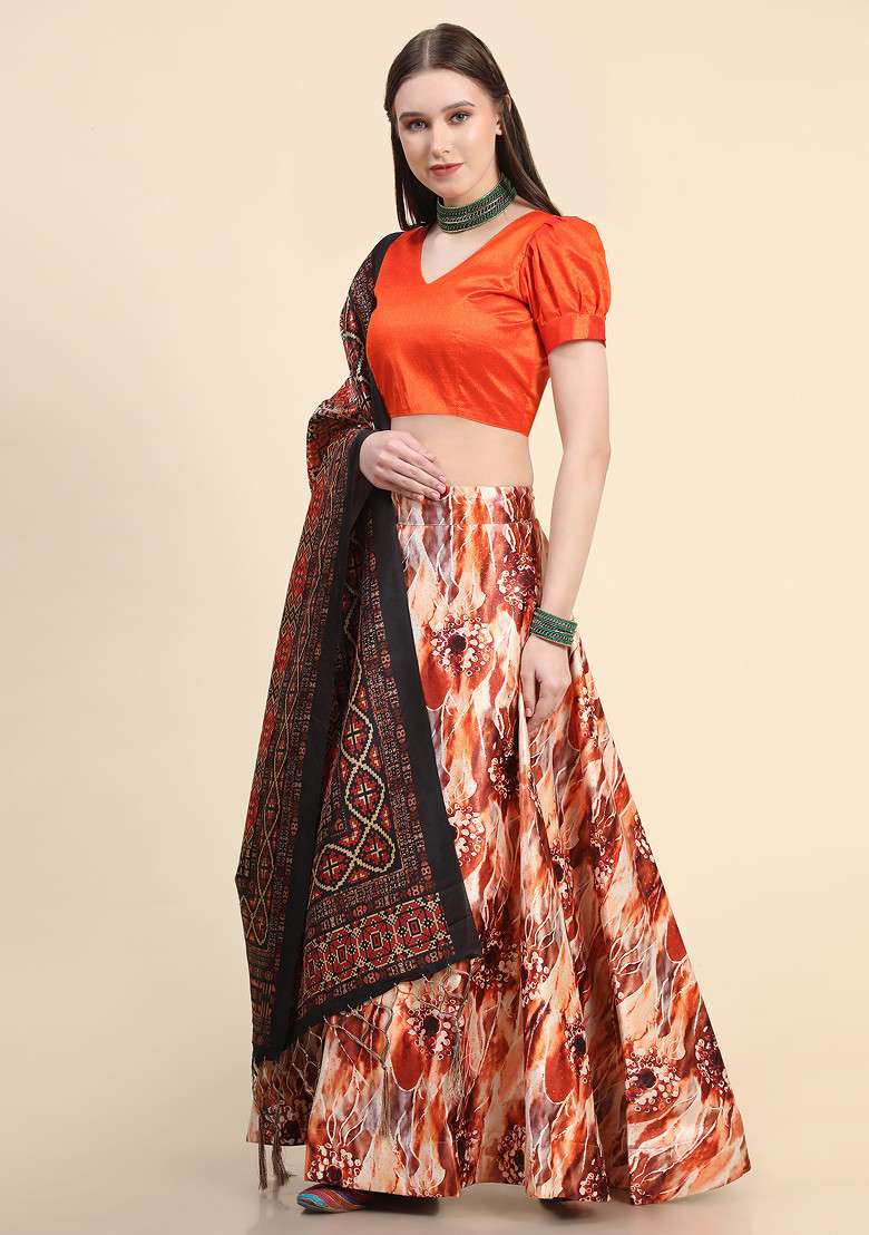 Orange Digital Print Silk Blend Satin Lehenga Set for Diwali and Festive Wear - Indya
