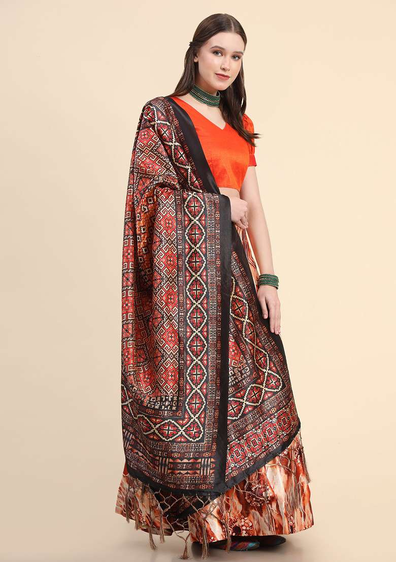 Orange Digital Print Silk Blend Satin Lehenga Set for Diwali and Festive Wear - Indya